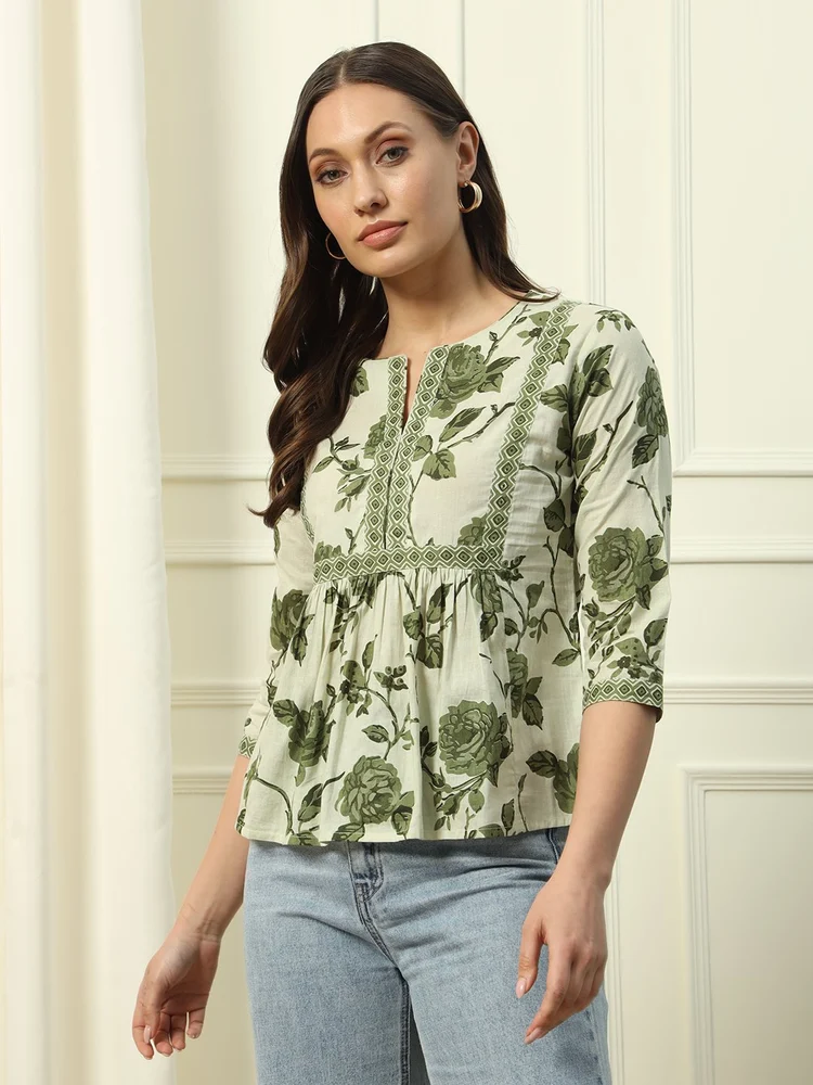 FIORRA Women s Pista Green Floral Printed Cotton Top